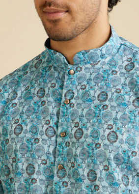 alt message - Manyavar Men Turquoise Blue Jaal Patterned Kurta image number 1